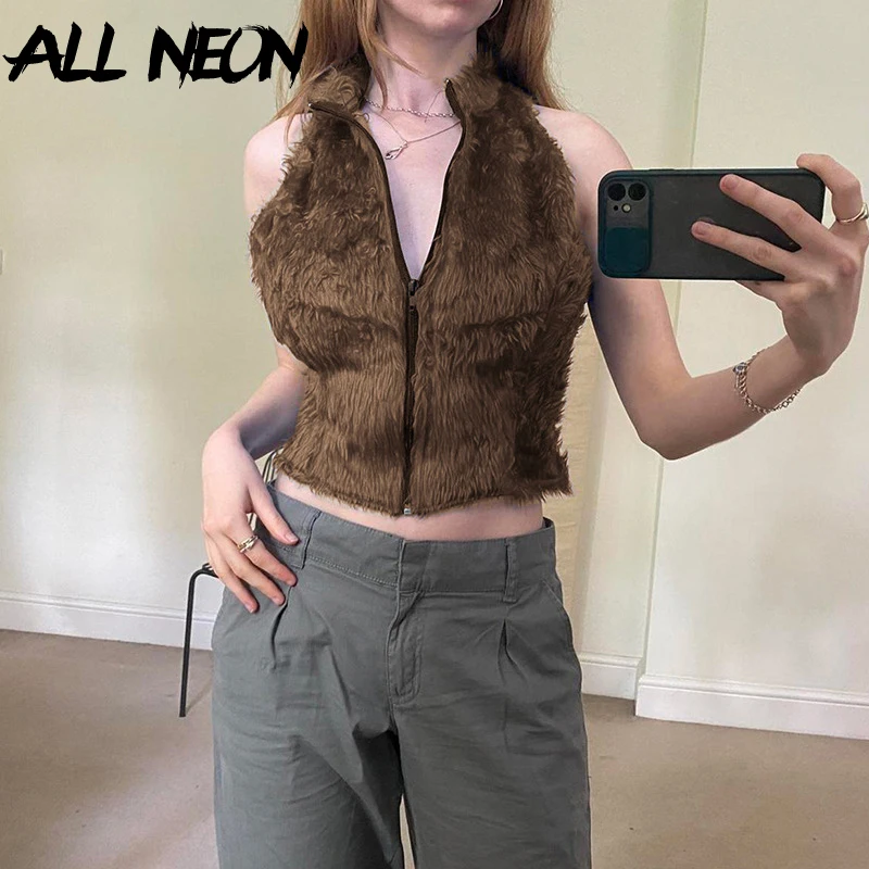

ALLNeon 90s Vintage Autumn Winter Plush Sleeveless Jacket Coats Y2K Chic Zip Cropped Vest Women Warm Streetwear Casual Waistcoat