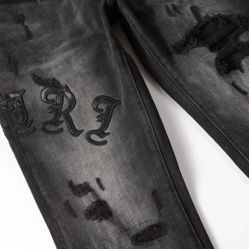 Streetwear Fashion Men Jeans Retro Black Gray Destroyed Slim Fit Hole Ripped Jeans Men Patch Designer Hip Hop Brand Pants Hombre