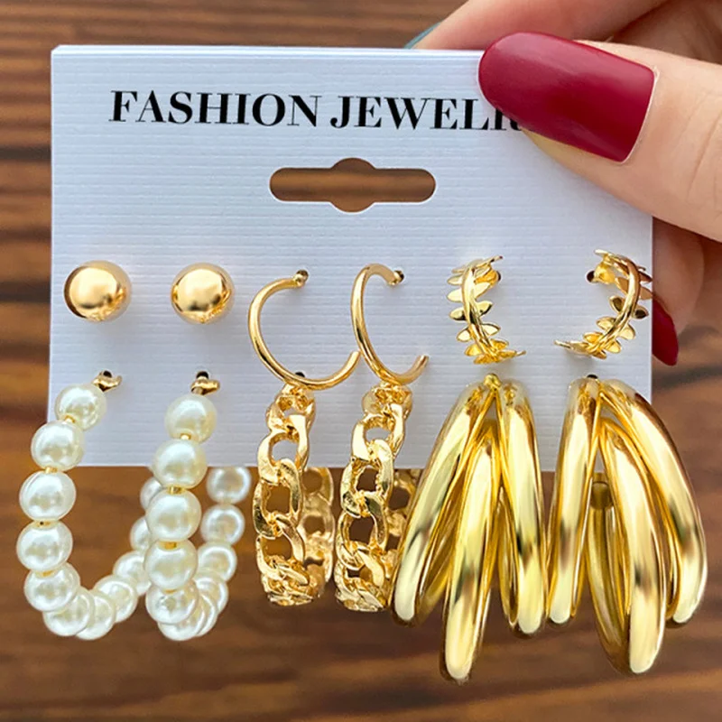 

Vintage Imitation Pearl Earrings Set For Women Bohemian Geometric Gold Metal Earring Girls Party Travel Jewelry Gifts