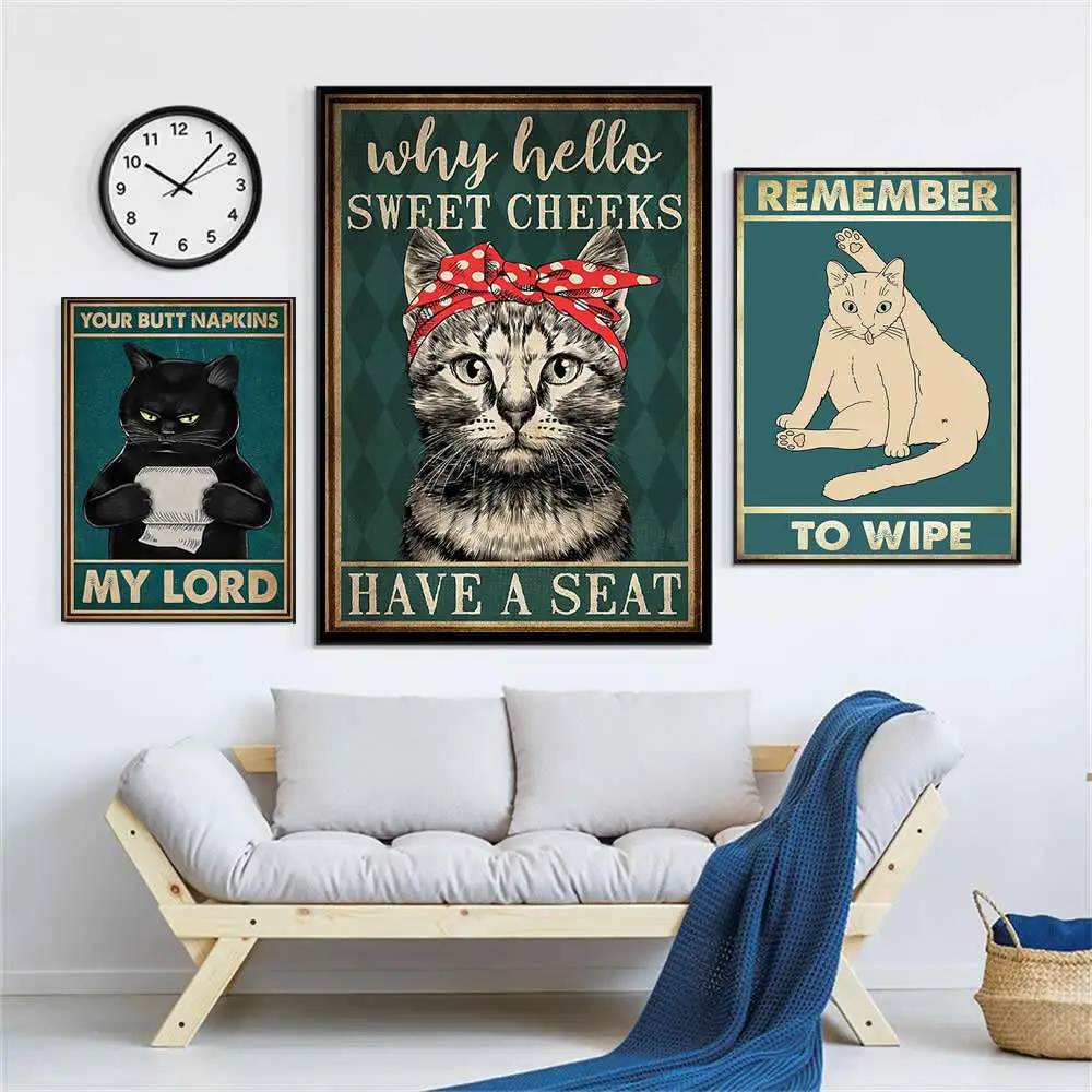 

Funny Cat with Toilet Slogan Vintage Poster Pictures on the Wall Art for Bathroom Home Decoration Abstract Canvas Print Painting