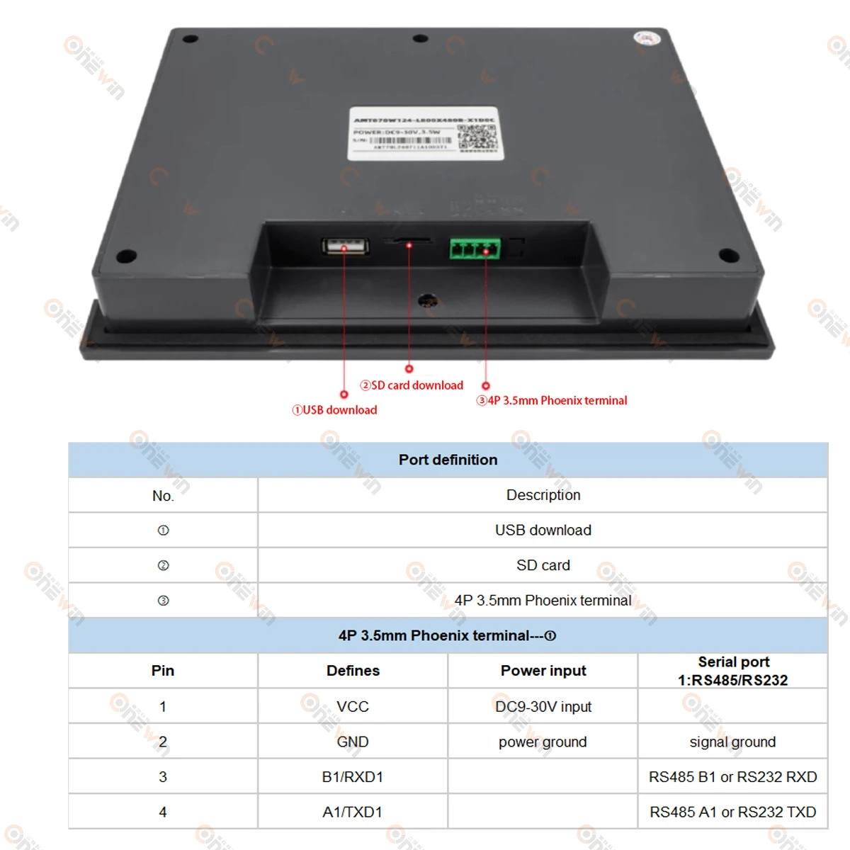 Фото Промышленный дисплей ONEWIN AMT Series HMI с 7-дюймовым сенсорным ЖК-экраном, 16M/64M памятью, последовательным портом и резистивным интерфейсом человек-машина №4