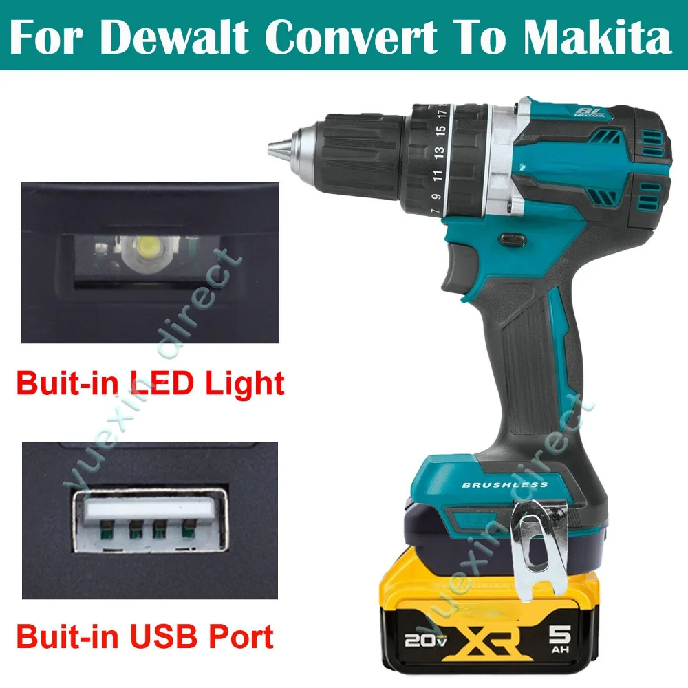 For Dewalt To Makita 18v Lithium-Ion Brushless Tools Converter w/USB & LED Light (Not include tools and battery)