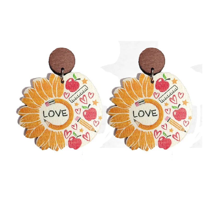 S Printing Wood Dangle Drop Earrings For Women Thanksgiving Teachers Jewelry Wholesale