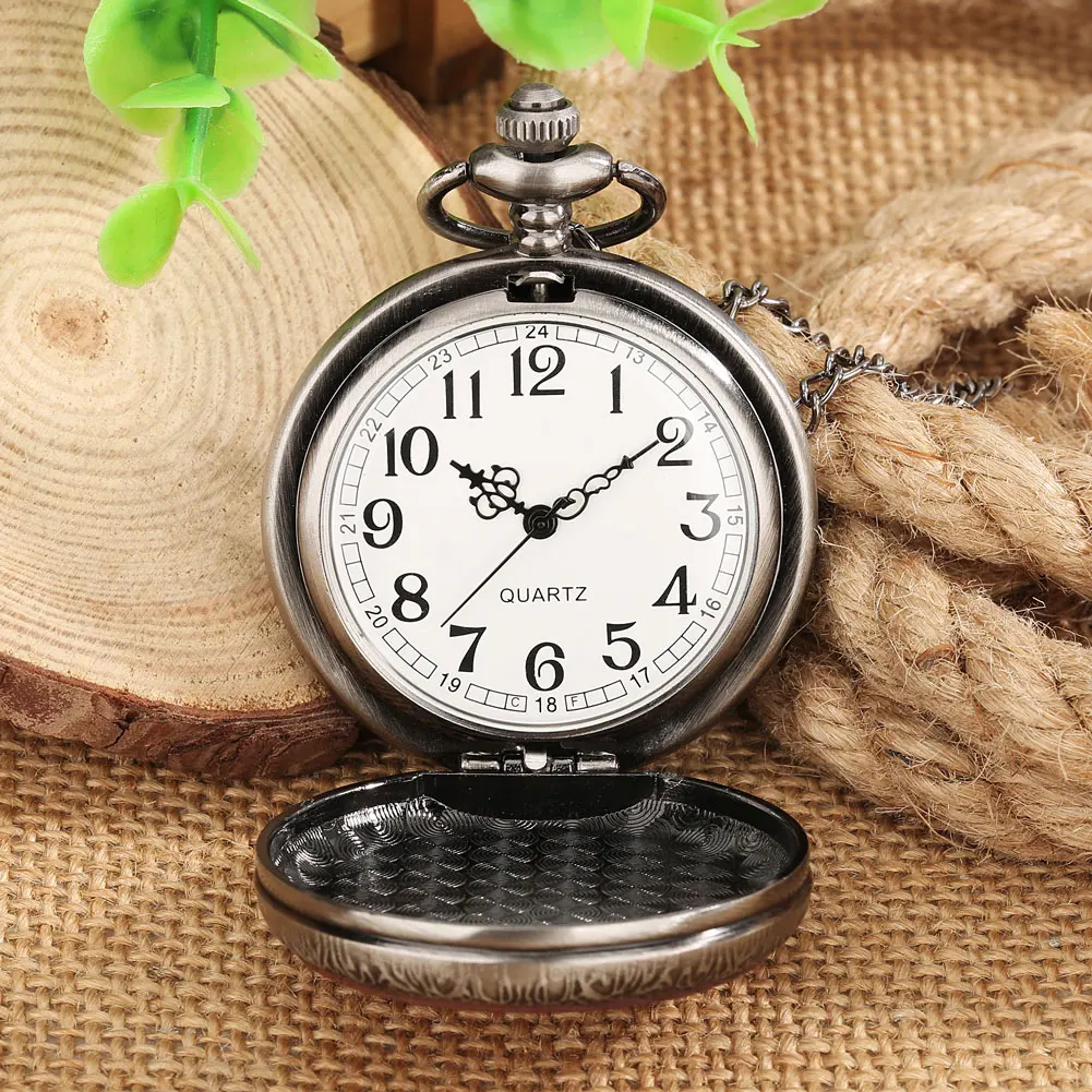 Pocket Watch with Chain Wood Cover Anime Skull Carving Analog Quartz Pocket Necklace Clock Pendant Creative Gifts for Men