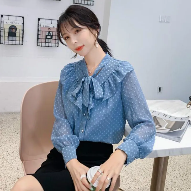 

Fashion Women Chiffon Blouse 2021 Spring Autumn Long Sleeve Blouse Ruffles Chiffon Lady Shirt Dot Pattern Bow Lady Blouse Y347