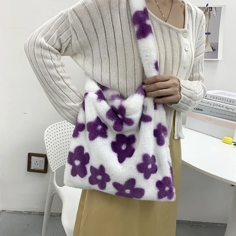 

INS Fashion Women Flower Print Mini Shoulder Bags Female Winter Spring Plush Underarm Bags Large Capacity Fluffy Tote Bags