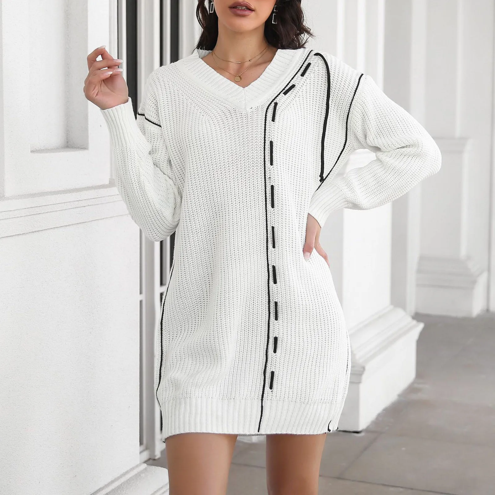 

Womens Sweater Dress Drawstring V Neck Long Sleeve Knit Sweater Loose Dress