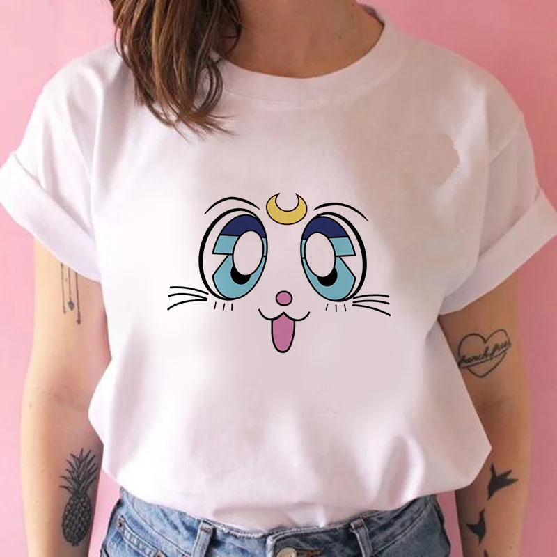 

90s Tshirt Fashion Graphic Top Tee Female cartoon cat Harajuku Kawaii Anime T Shirt Women Funny Cartoon T-shirt Cute Cat