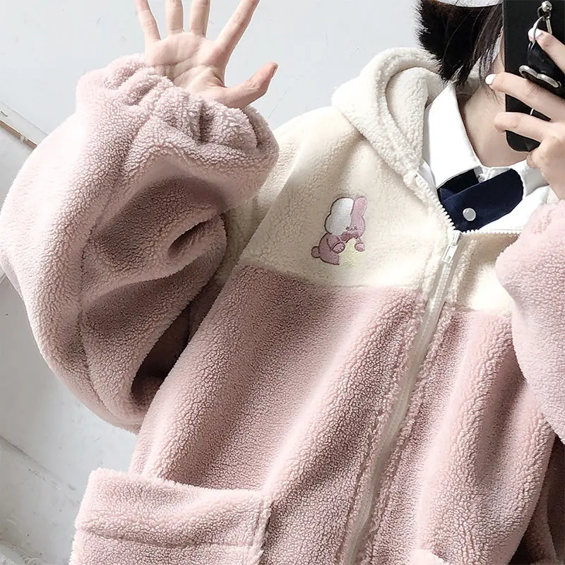

Japanese Kawaii Oversized Zip Up Hoodie Women Soft Girl Hooded Sweatshirt Lamb Wool Coat Pocket Hoodies Alt Cute Clothes