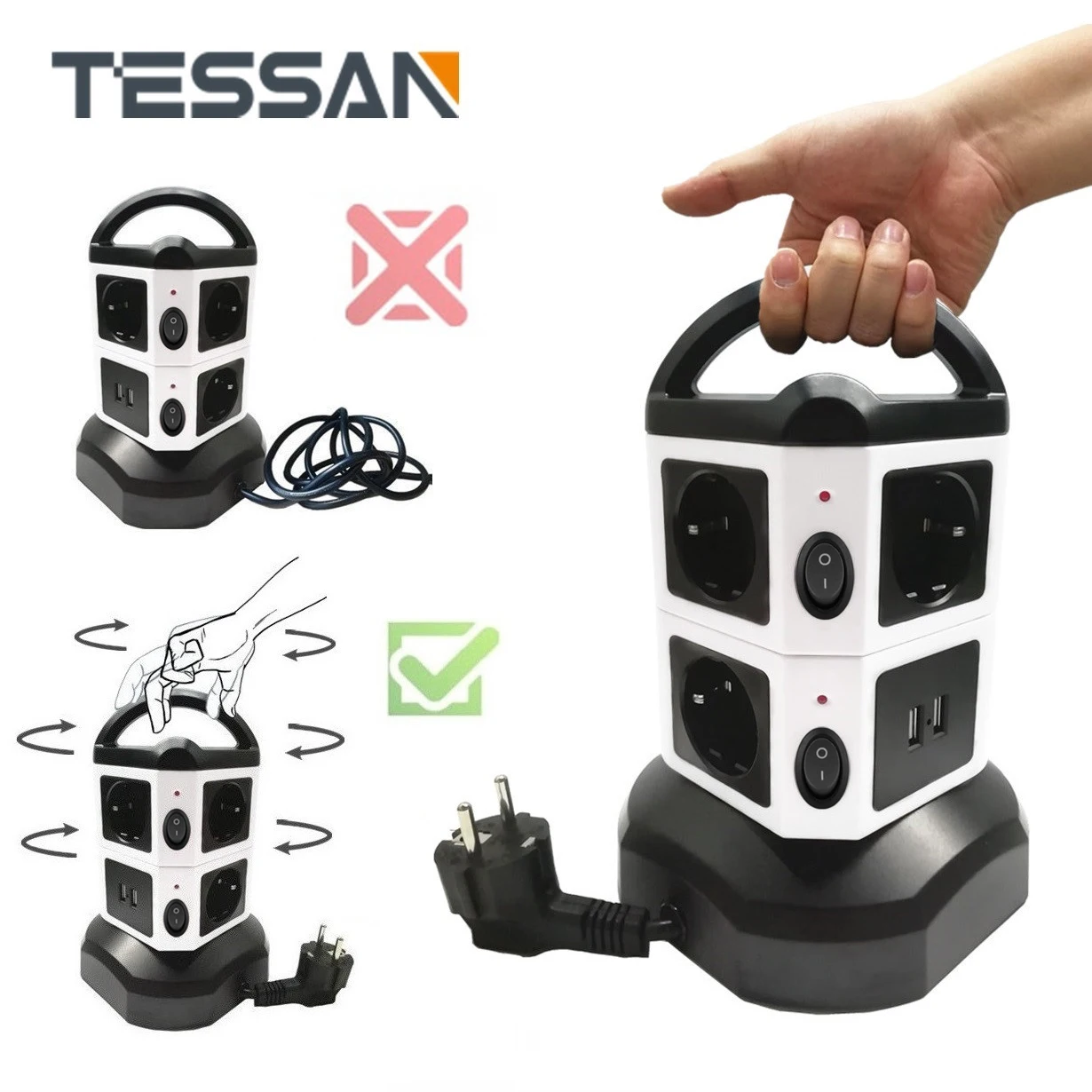 

TESSAN EU Multi Plug Power Strip Vertical Tower Socket with 6/10/14 Outlets 4 USB Independent Switches 2M Cable for Home