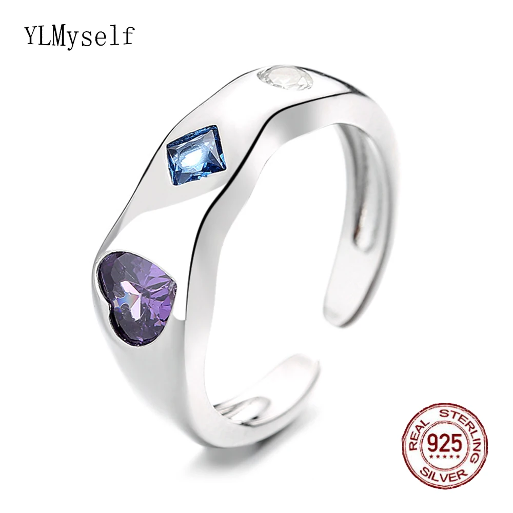 

Free Size Real 925 Silver Irregular Rings Pave Heart Purple/Square Blue/Yellow Round Cubic Zircon Pretty Fine Jewelry For Women