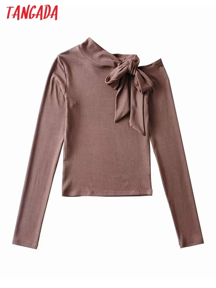 

Женская хлопковая Футболка с бантом, открытыми плечами и длинным рукавом