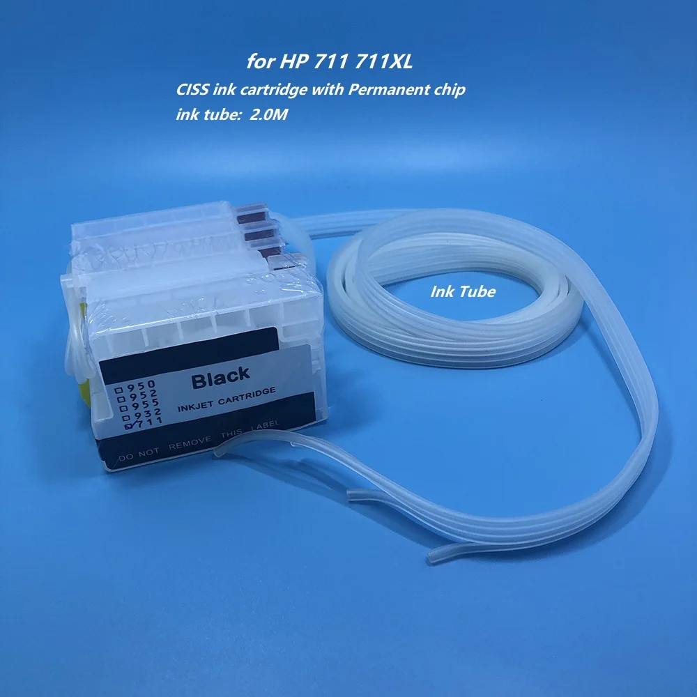 

4 Colors Chipped 711XL CISS ink cartridge with Pipeline for HP 711 711XL Ink tube for HP Designjet T120 T520 Printer