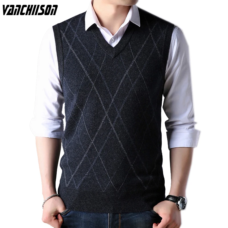 

100% Wool Mens Basic Sweater Knit Vest Sleeveless Jumpers Pullover Vintage Casual V Neck for Autumn Winter Fashion TVBPI15