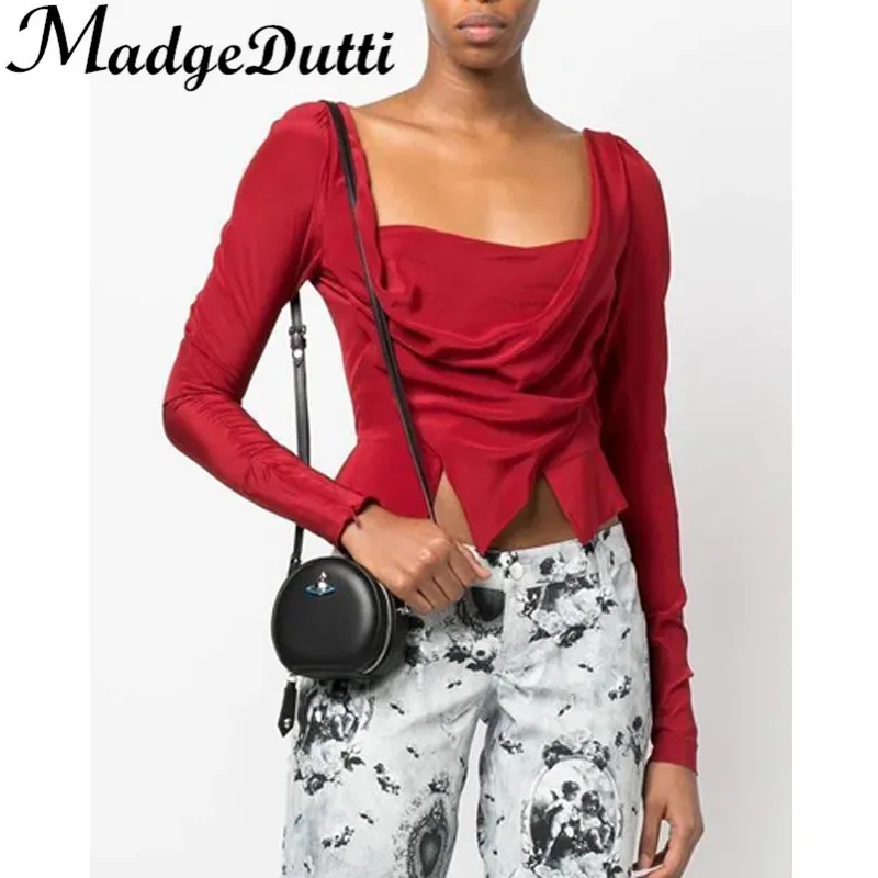 12.9 MadgeDutti Fashion Temperament Square Collar Ruched  Hem Split Cuff Zipper Short Blouse Women