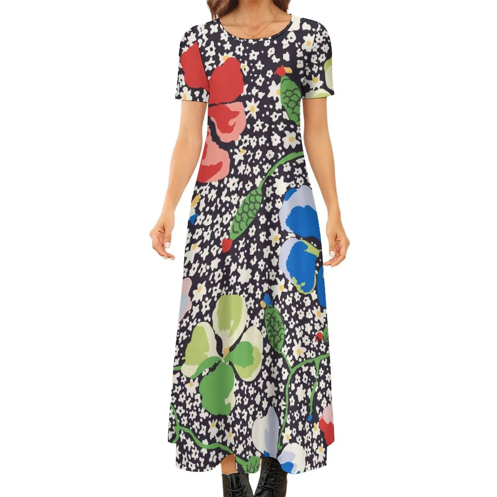 

Colorful Floral Dress Dots Print Vintage Maxi Dress Woman Short Sleeve Funny Bohemia Long Dresses Big Size 6XL 7XL