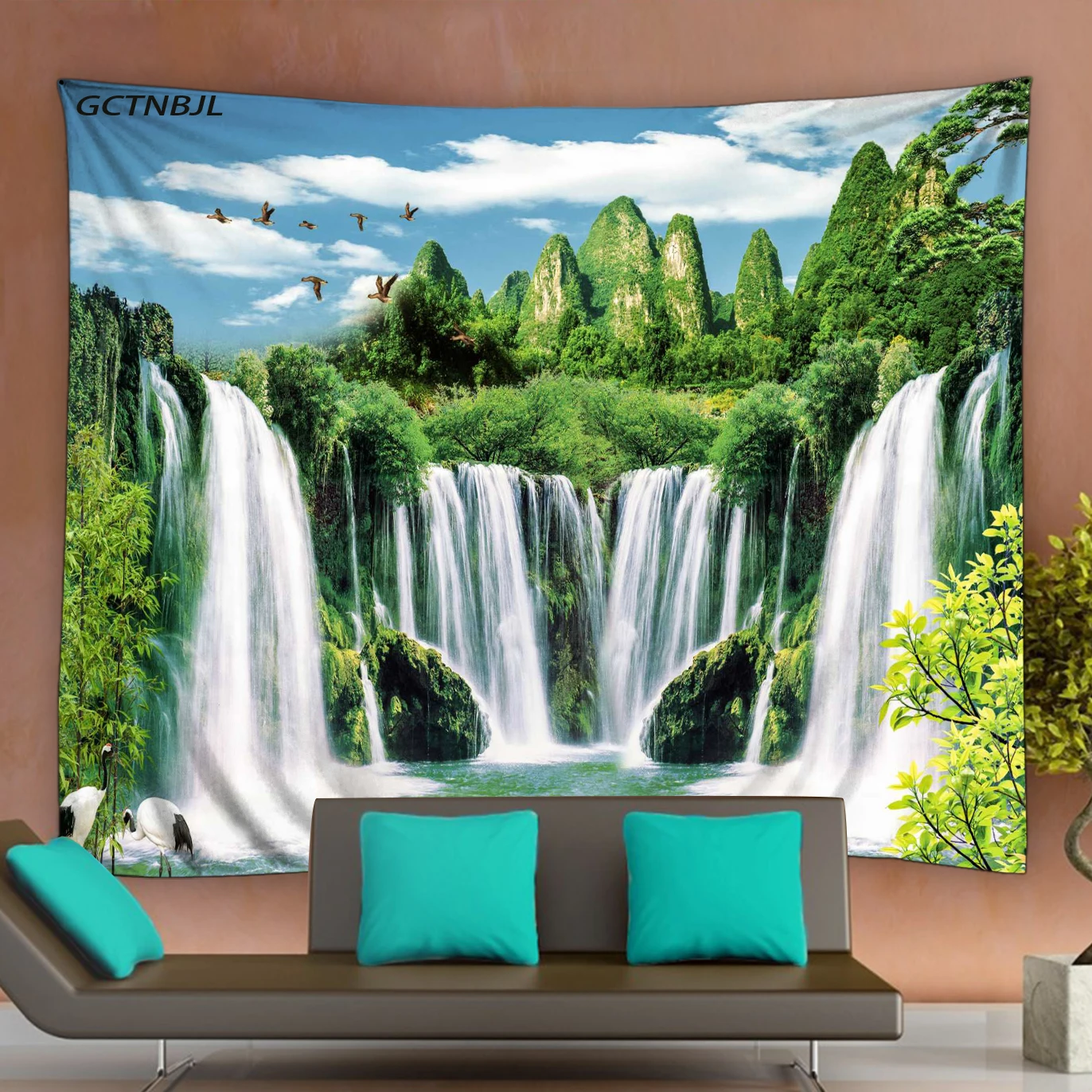 

3D Mountain Water Landscape Tapestry Hanging Wall Forest Waterfall Nature Scenery Polyester Fabric Wall Tapestry Home Decor