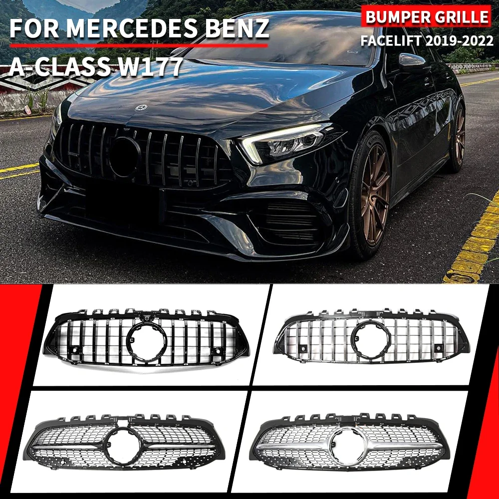 

For Mercedes Benz A-Class W177 2019-2022 A200 A220 A250 A35 AMG Chrome Silver Diamonds Grille Glossy Black GTR Style Grille