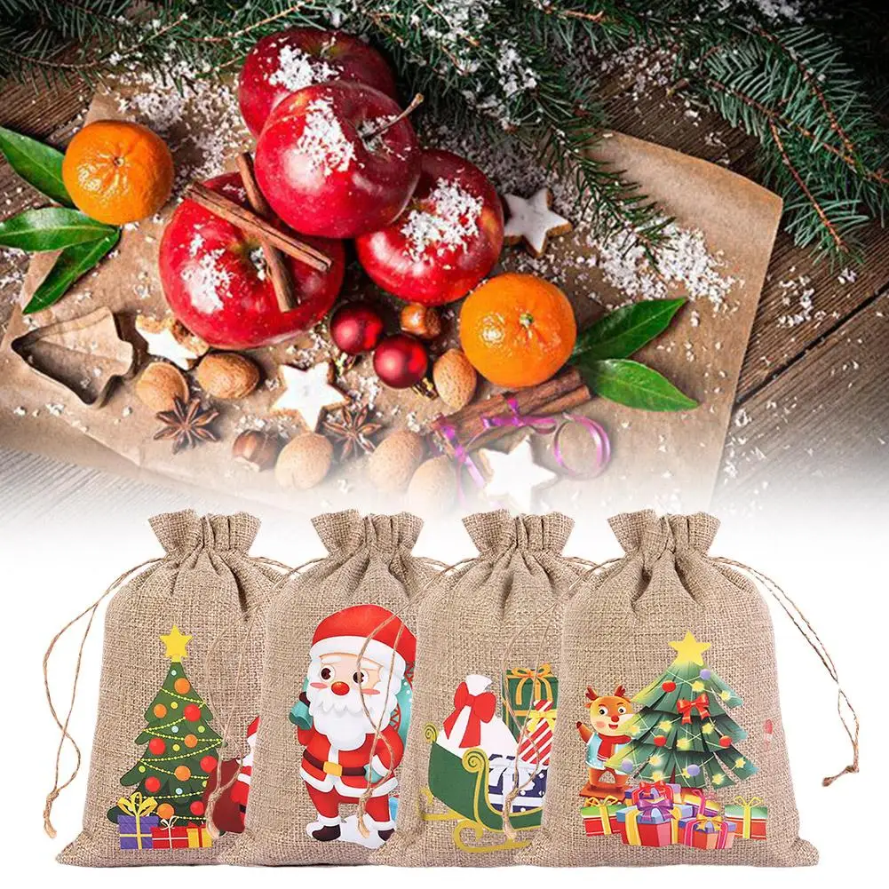 

Christmas Linen Gift Packaging Bag Santa Claus Elk Print Drawstring Cookie Candy Pouch For Xmas New Year Party Gifts Storag Q2Z1
