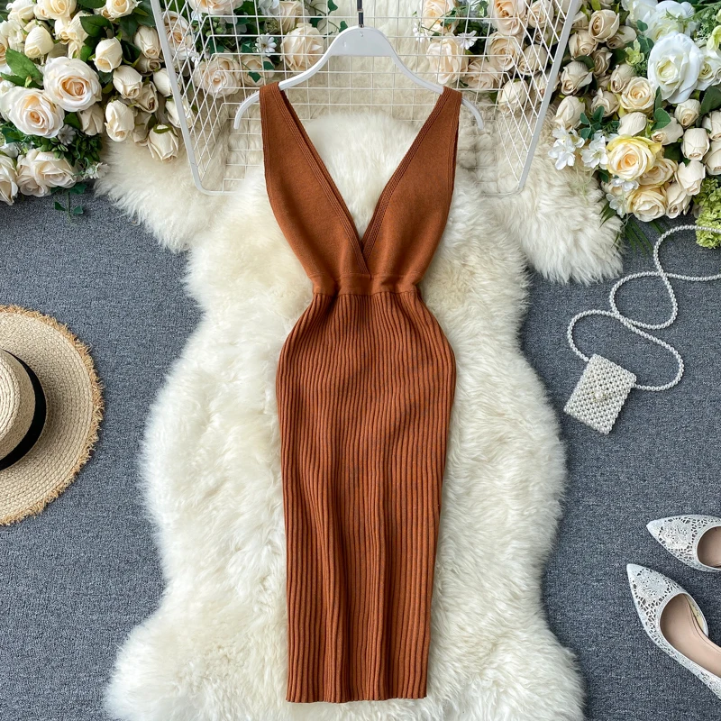 

Sexy Deep V Neck Backless Waist Wrap Hip Stretch Knit Tank Dress Women's Summer Solid Bodycon Mini Dresses Midnight Clubwear