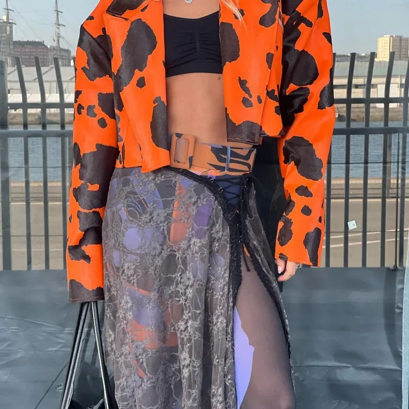 Женский укороченный блейзер из искусственной кожи с принтом коровы Свободное