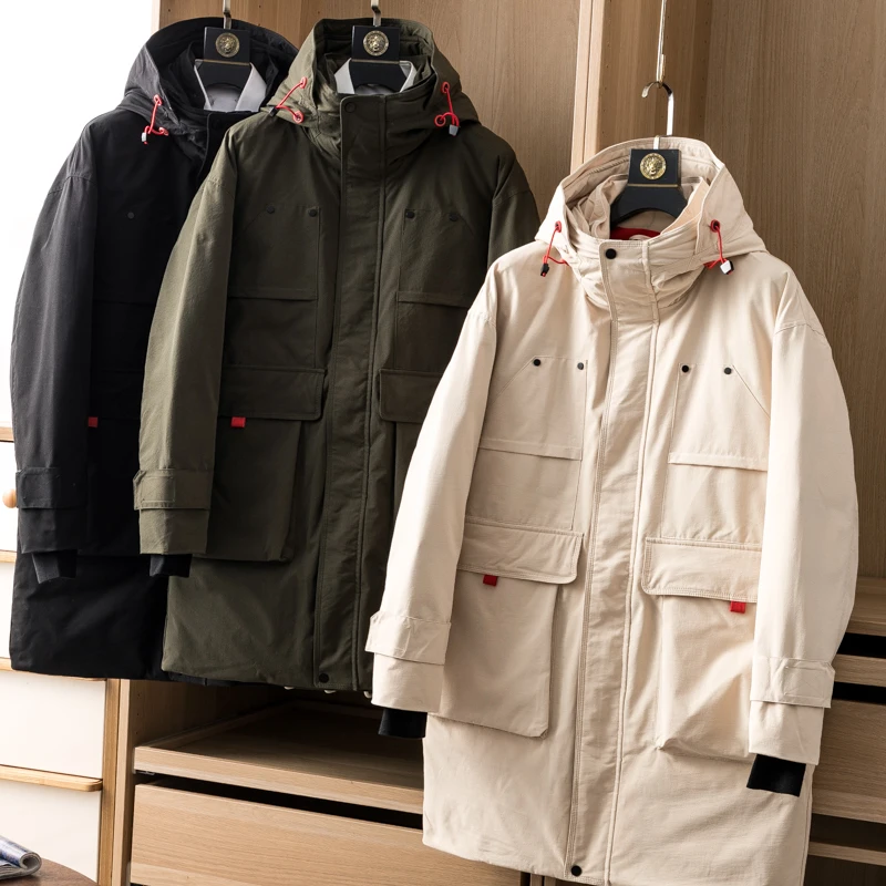 Men Duck Down Coat Winter Warm Parkas Long Jacket Male Hooded Outerwear Casual Waterproof Windbreaker Ivory Off-white XXXL 3XL