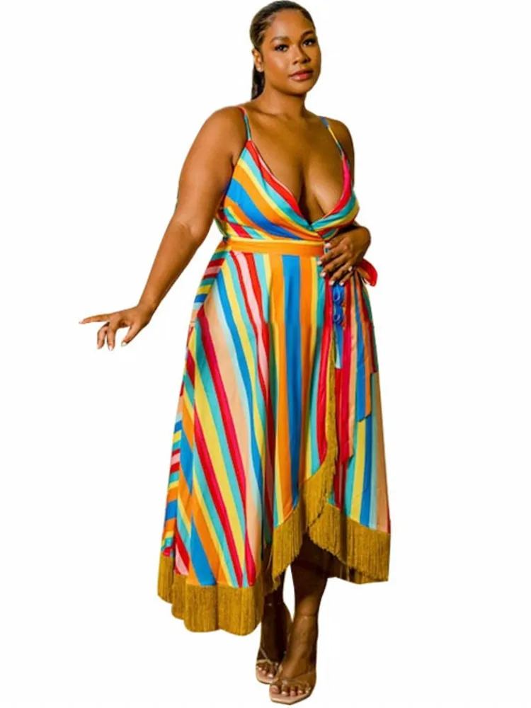 

Long African Dresses For Women Deep V Neck Empire Robes Summer New Colorful Striped Print Tassel Sexy Dashiki African Maxi Dress