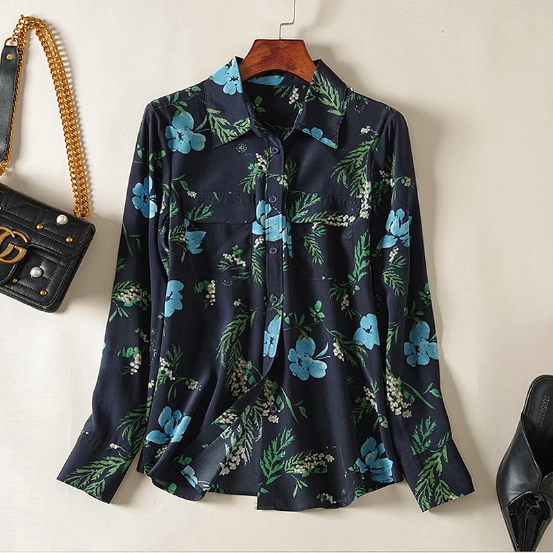 

Блузка женская прямая однобортная из 100% шелка с длинными рукавами и цветочным принтом