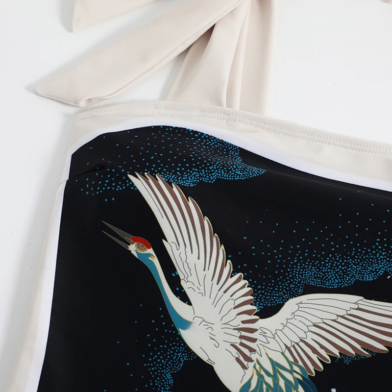 Lanswe Swimwear 2023 Women Bowknot Tie-Shoulder One Piece Swimsuits Cover Ups Crane Printed Women'S Bathing Suits Beachwear