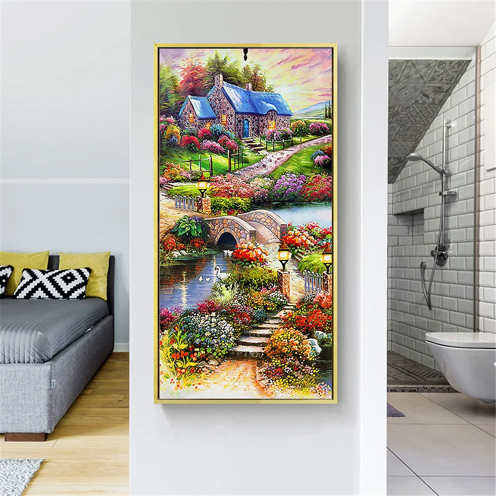 

5d Diy Mosaic Diamond Painting Full Square Rhinestones House Garden Road Diamond Embroidery Flower River Landscape Puzzle