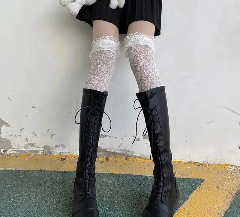 

Women's sexy black and white knee-high boot socks lace black winter hollow socks ultra-thin stockings stockings