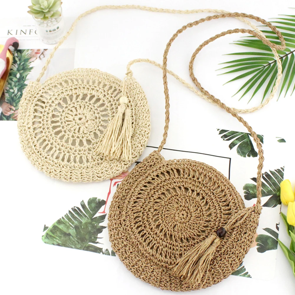 

Bohemia Style Bags Women Straw Retro Rattan Handbag Tassel Bow Woven Female Beach Shoulder/Crossbody Bags Round Tote Pouch