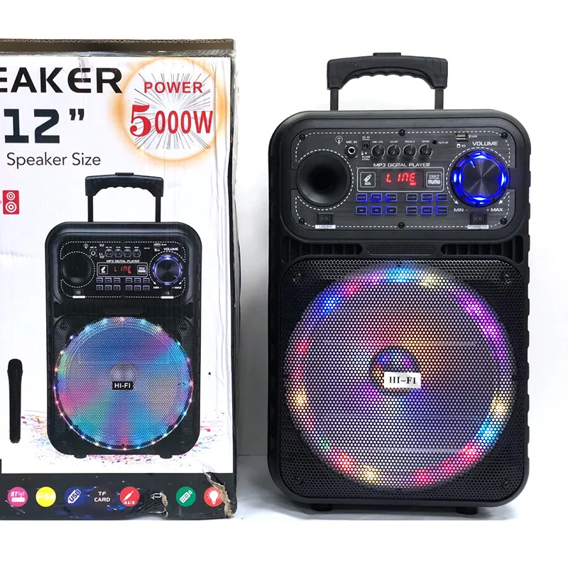 12 Inch Portable Outdoor Led Pull Rod Square Dance Bass Speaker With Wireless Mic Aux Tf Fm