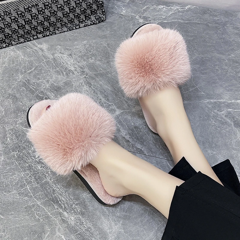 

Ladies New Pink Slippers Mink Fur Simple Home Style Women's Slippers Material with Flat Bottom Fashion Women’s Shoes