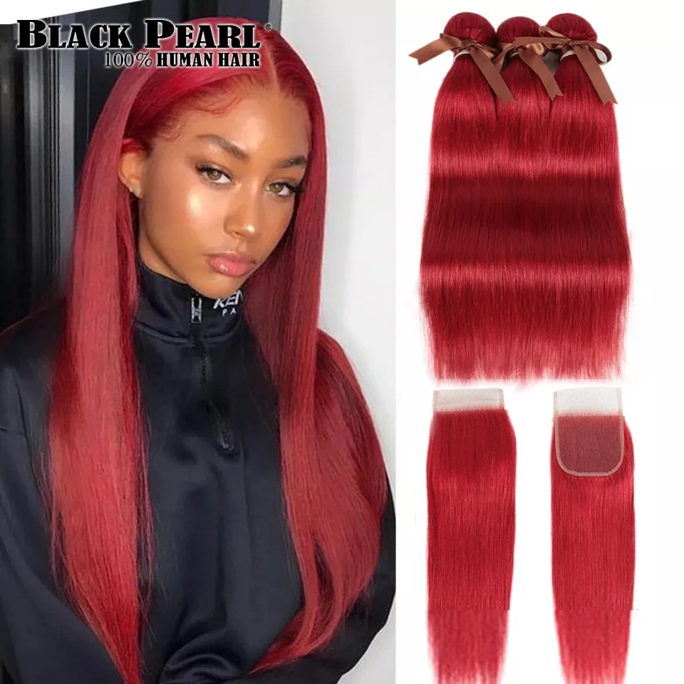 Black Pearl Red Bundles With Frontal Brazilian Straight  Remy Human Hair Extensions 2 3 Bundles Red Bundles With Frontal
