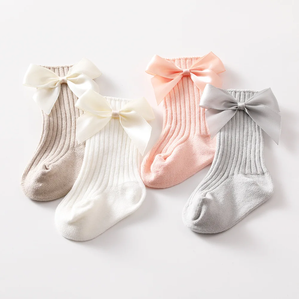 

New Solid Color Knit Baby Middle Tube Socks Cotton Bow Stockings Newborn Infant Toddler Socks Boys Girls Socks 0-5years Old