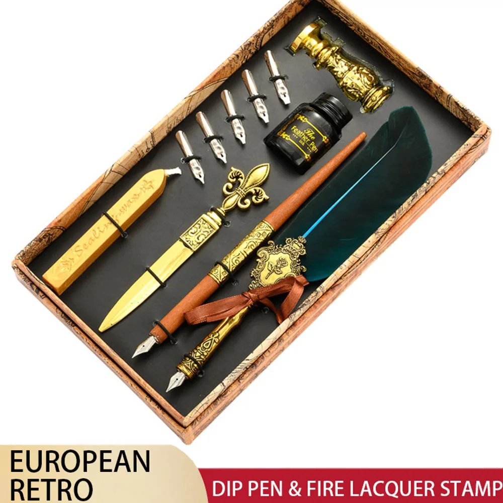 

Calligraphy Quill Dip Pen with 5 Nib Ink Wax Stick Gift Box Quill Pen Fountain Pen Writing Stationery School Office Supplies