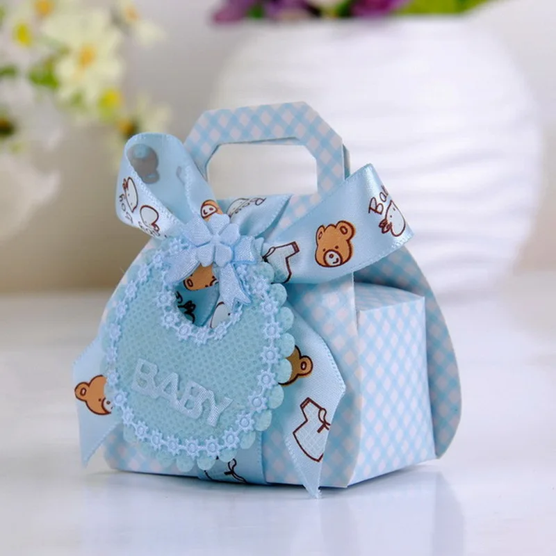 

6/12pcs Bear Shape DIY Paper Wedding Gift Christening Baby Shower Party Favor Boxes Dragee Candy Box with Bib Tags & Ribbons