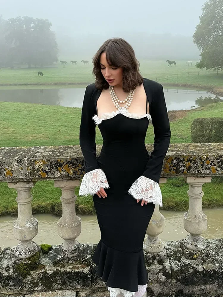 Осеннее винтажное бархатное черное платье для женщин шикарное облегающее