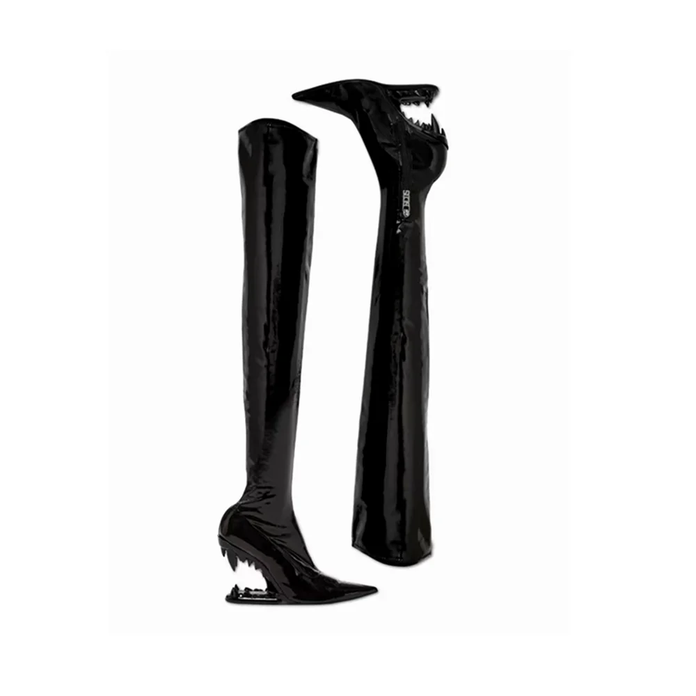 Lacquer Leather Special-Shaped High Heel Giant Teeth Tiger Heels Pointed Over-The-Knee Boots Large Women's Shoes Fashion Boots