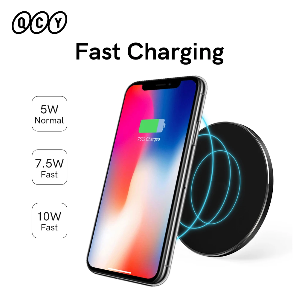 qcy 10w wireless charger pad for iphone 11 12 x xs fast wirless charger for xiaomi huawei mobile phone qi wireless charger free global shipping