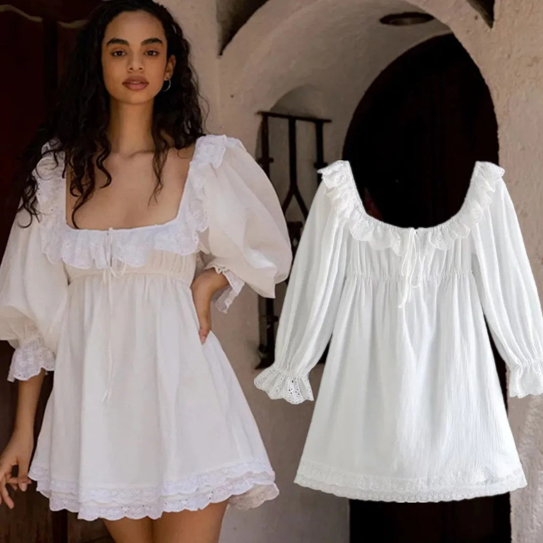 

Elmsk French Style Vintage Spliing Lantern Sleeve Elegant White Dress Women Summer Fashion Cotton And Linen Dress