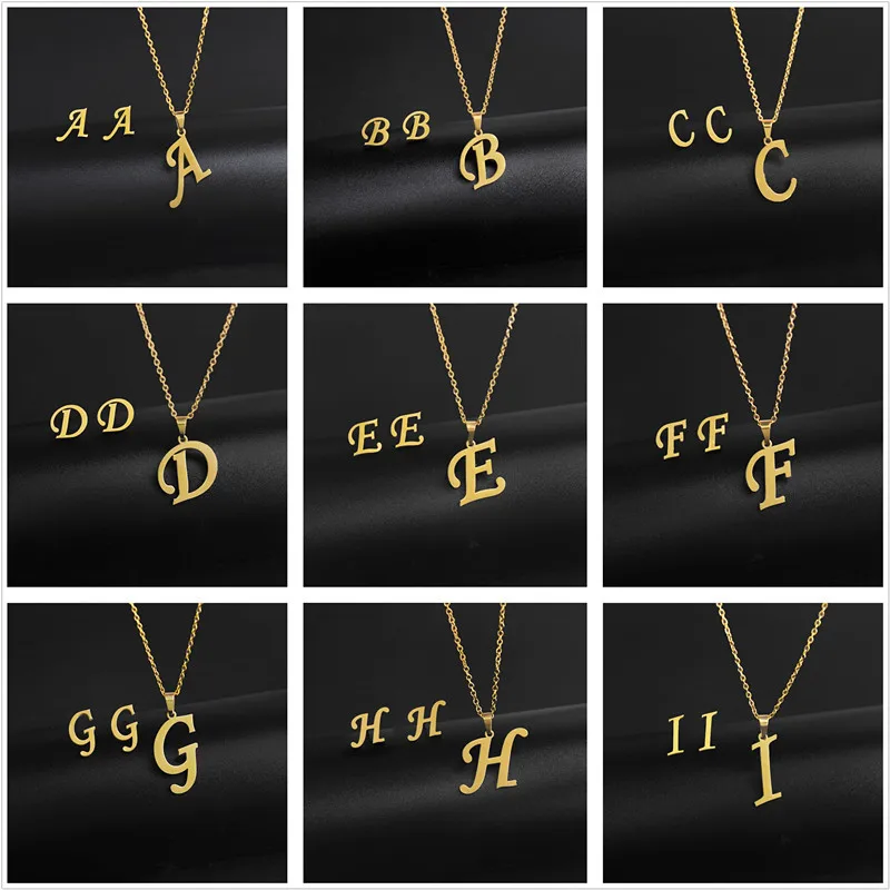 

New fashion 26 letter pendant earrings necklace set personality temperament stainless steel letter clavicle chain ear accessorie