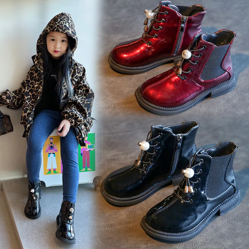 

Children's New Leather Waterproof and Warm Single Boot Girls' Fashion Round Head Princess Flat Bottom Cotton Boots