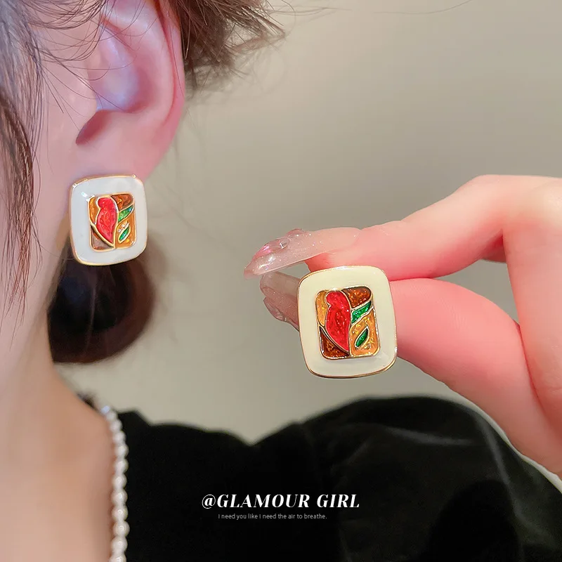 

Silver Needle Color Leaf Enamel Square Earrings Niche Design Fashion Creative Sense Ear Stud Distinctive For Women