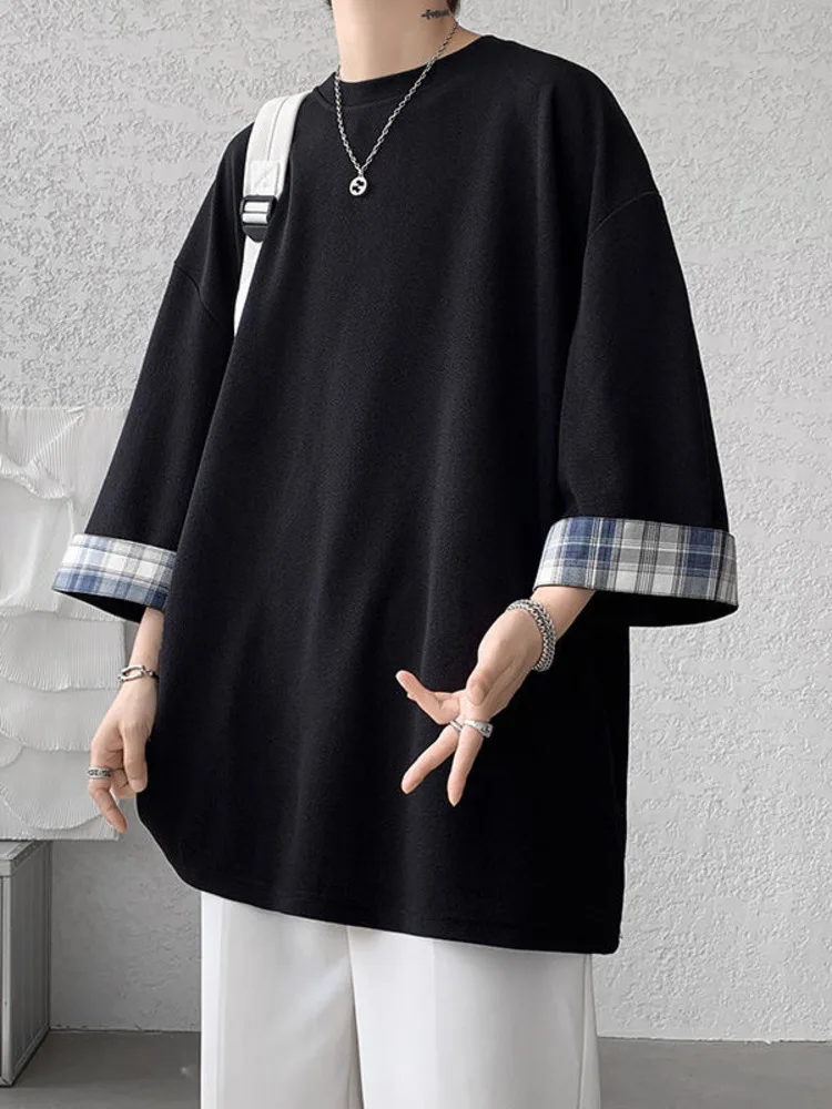 

SYUHGFA Three Quarter Plaid Sleeve T-shirt Men Oversized Fashion Casual Male Tees 2022 Summer Harajuku Couple Men Clothing Tops
