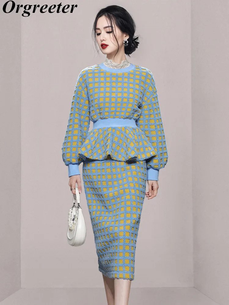 

Осенне-зимний женский повседневный комплект из двух предметов, элегантный цветной клетчатый свитшот в стиле OL + облегающие длинные юбки