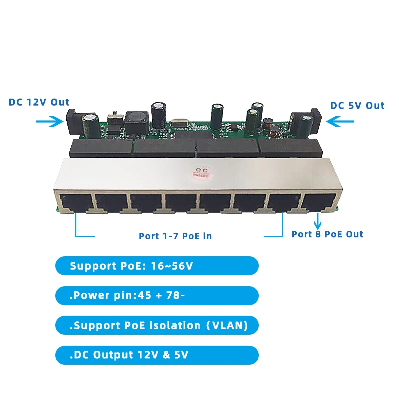 

FTTH 100M 8 Port Power Supply Reverse POE Switch PCBA With VLAN Isolation Fast RPOE Switch PCB Board