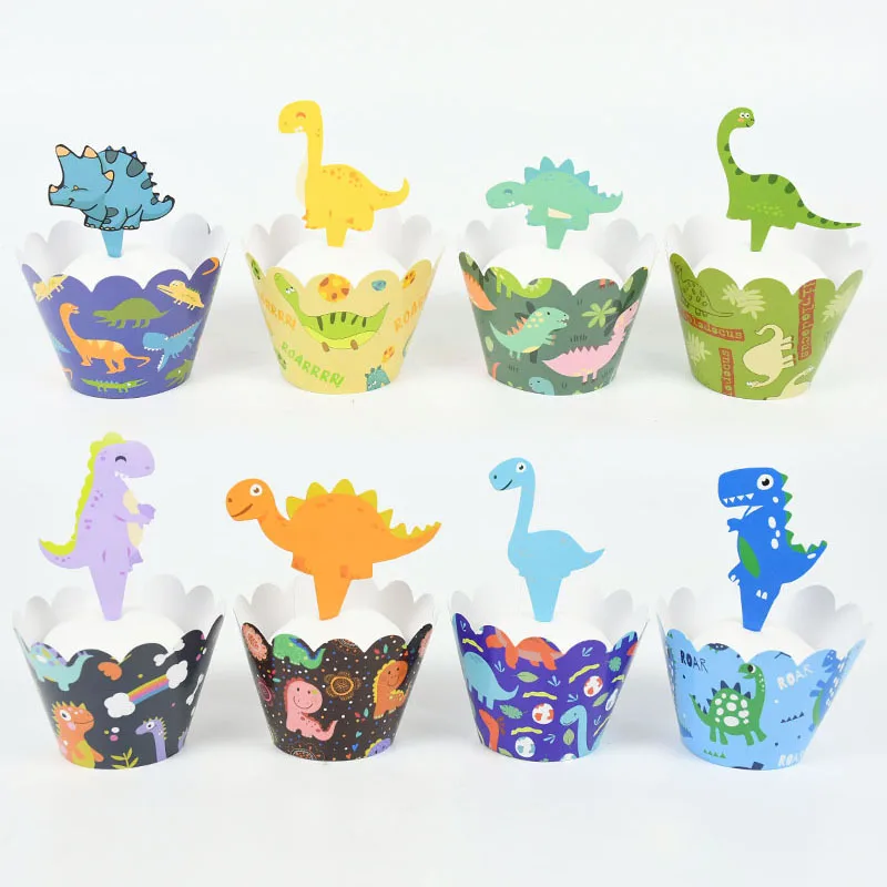 

24pcs Cute Dinosaur Cupcake Wrapper Cake Topper Paper Craft Baby Shower Kids Birthday Cake Decorations Festival Party Supplies