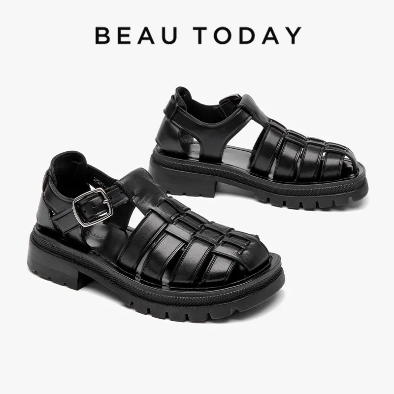 

Beautoday Sandals Women Leisure Genuine Cow Leather Buckle Strap Heel-covering Solid Color Ladies Summer Shoes Handmade 38221